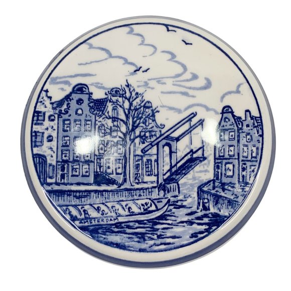 *SOLD* Delft Blauw Blue Trinket Dish Box Jar w Lid Hand Painted Holland Houses - Picture 9 of 12